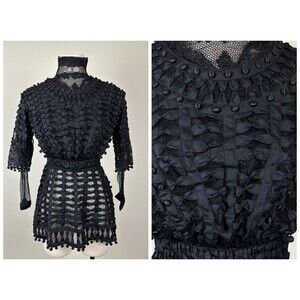 Size XXXS/XXS | Antique Edwardian Black Ribbon and Net Blouse